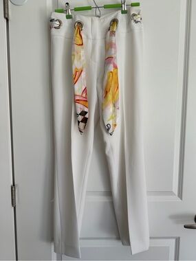 Alberto Makali High-Waist White Pants with Scarf Tie and Grommet Belt Loop